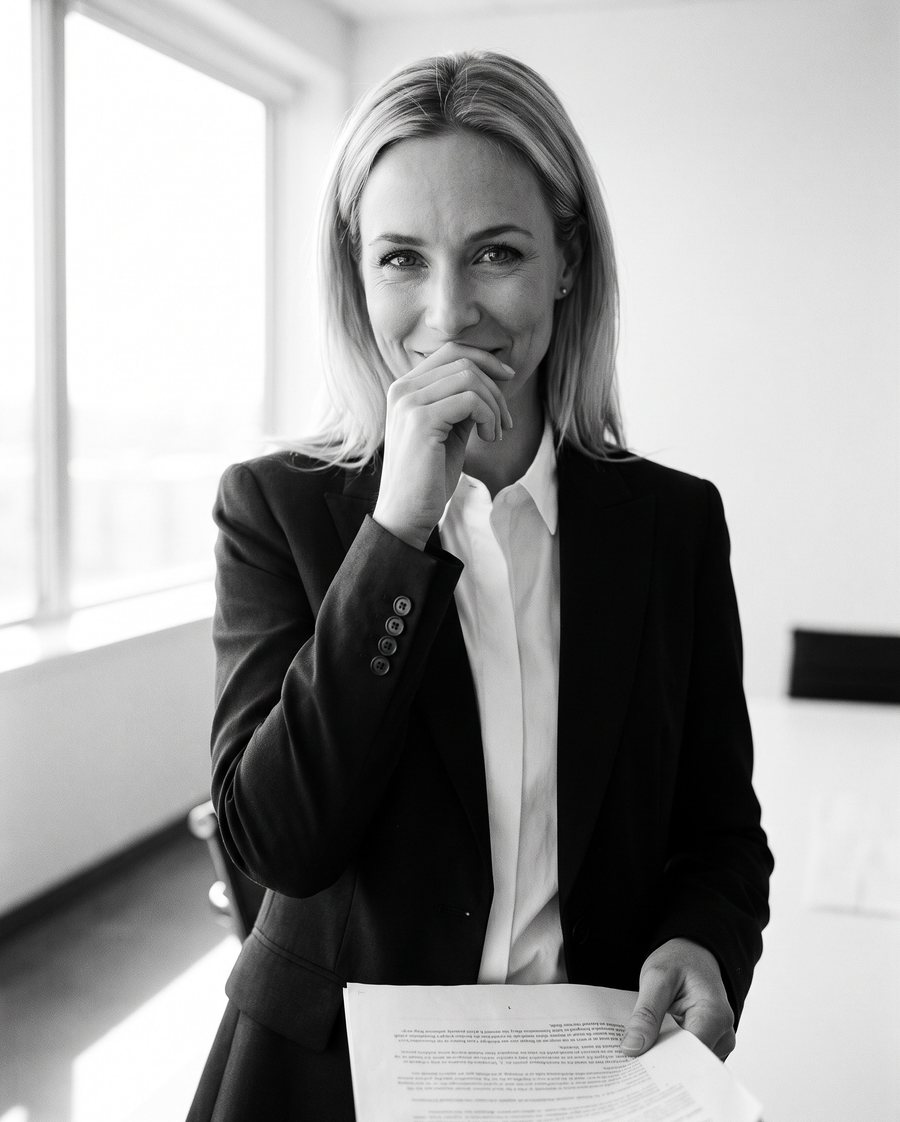 A woman with her hand over her mouth, laughing at the small print she is holding.